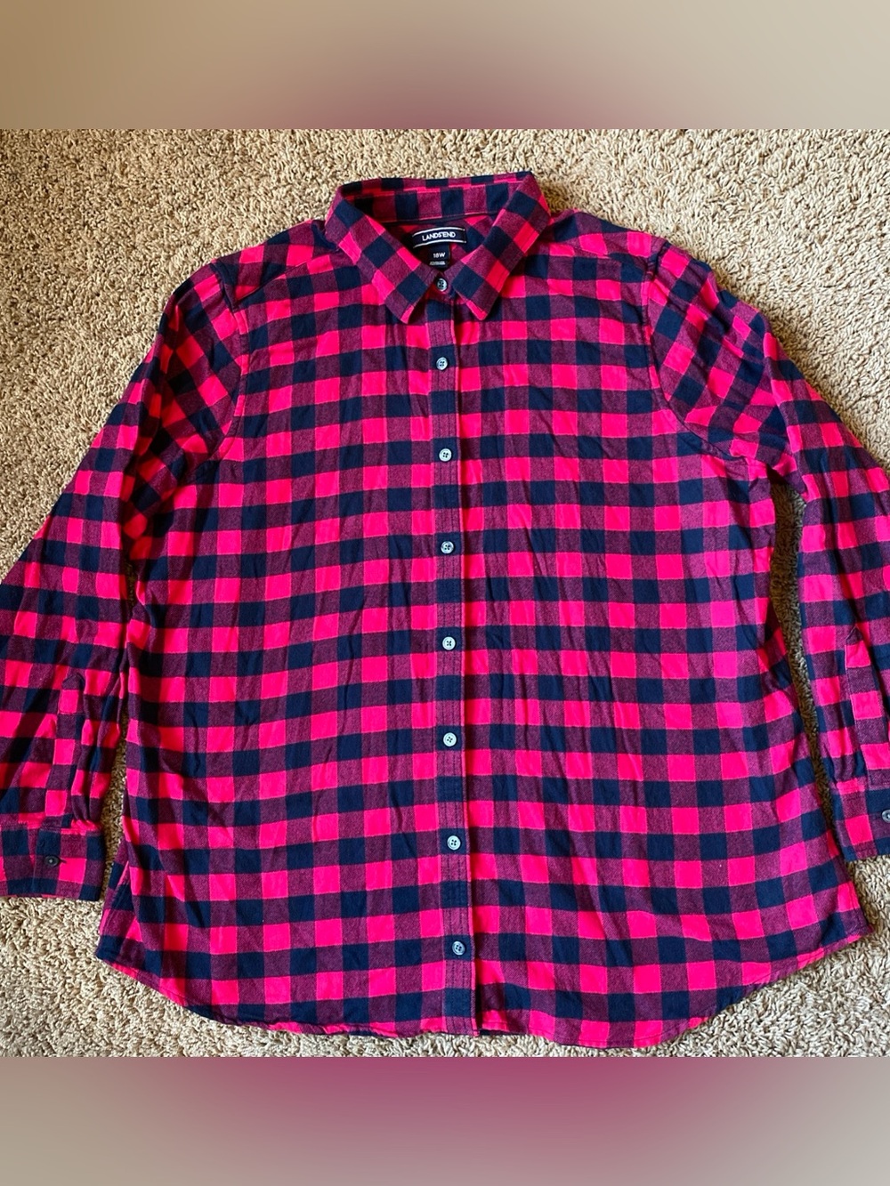 Lands End Buffalo Plaid Flannel Shirt Womens Sz 18 Pink Black Hiking Cozy Cabin